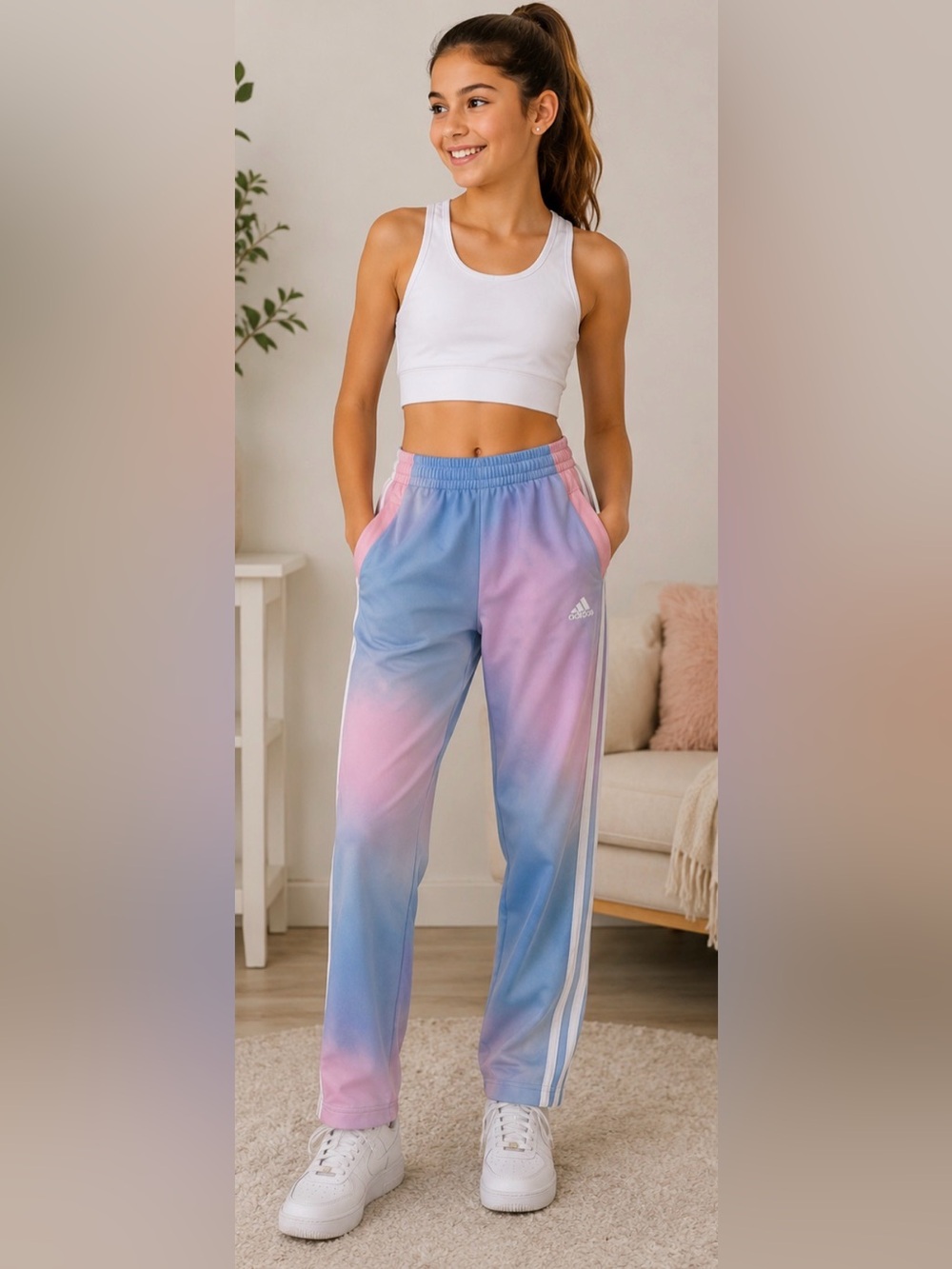 373 Adidas Girls Ombre Tie Dye Leggings Pink Blue Athletic Pants M 10-12